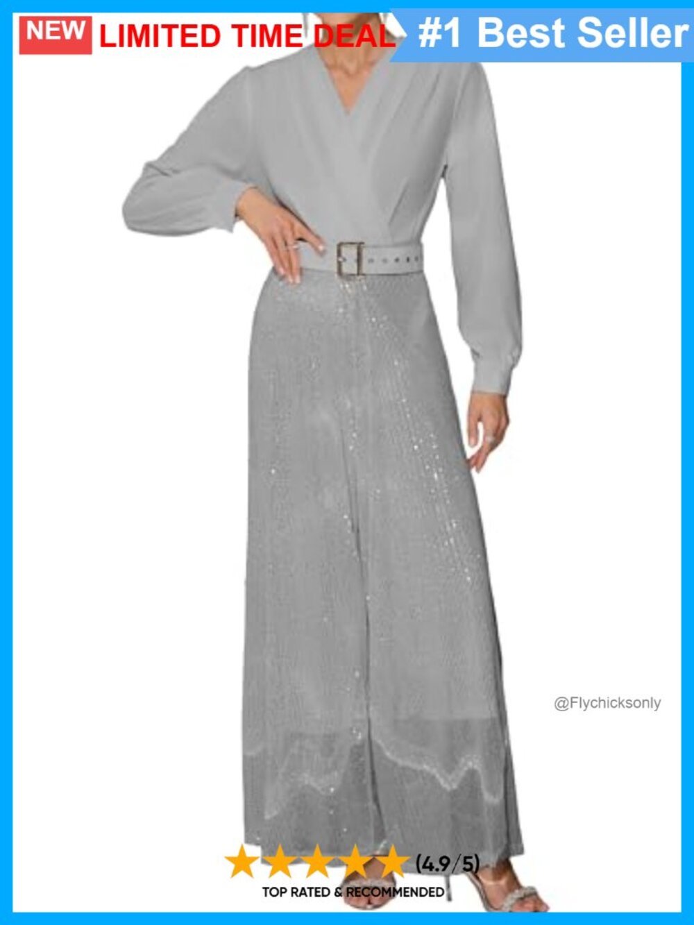 Sequins Puff Sleeve V-Neck Wide Leg Jumpsuit Party Evening